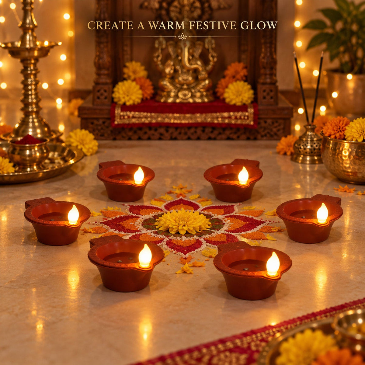 Water Sensor Flameless Led Diyas For Diwali And Pooja Decoration (6 Pc Set)
