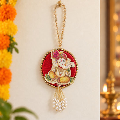 Ganesh Car Hanging Ornament With Decorative Chain And Bead Tassels For Home Decor (1 Pc)