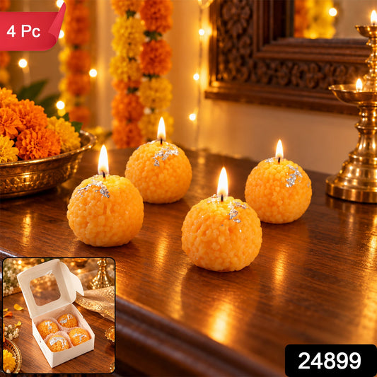 Motichoor Laddu Design Wax Candles For Diwali And Festive Decor (4 Pc Set)