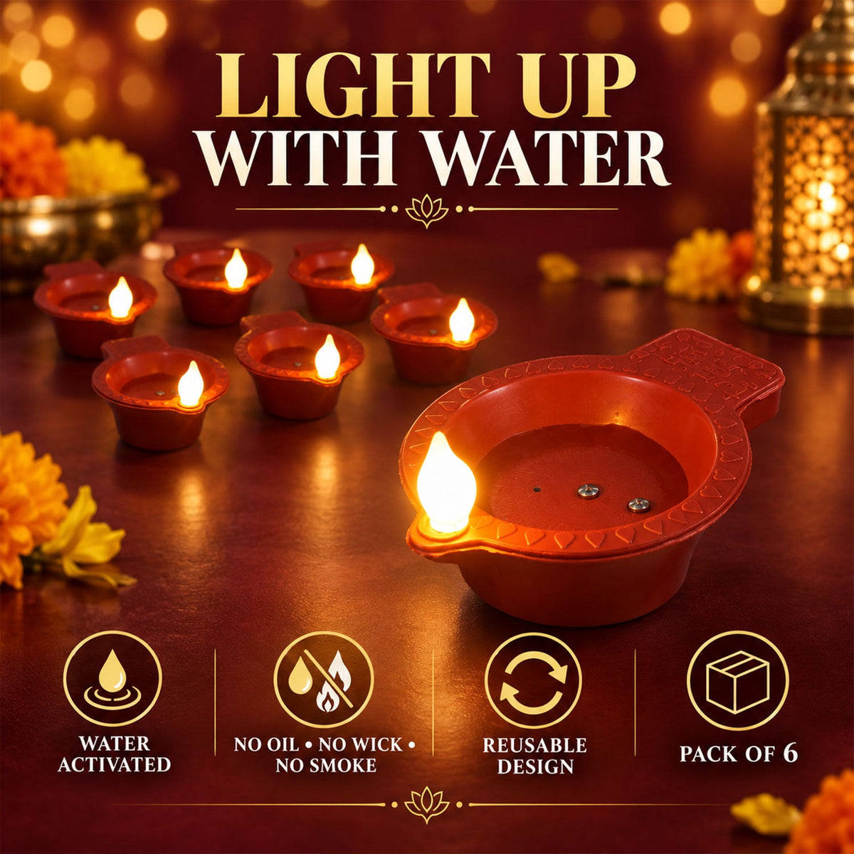 Water Sensor Flameless Led Diyas For Diwali And Pooja Decoration (6 Pc Set)