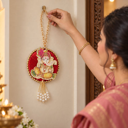 Ganesh Car Hanging Ornament With Decorative Chain And Bead Tassels For Home Decor (1 Pc)