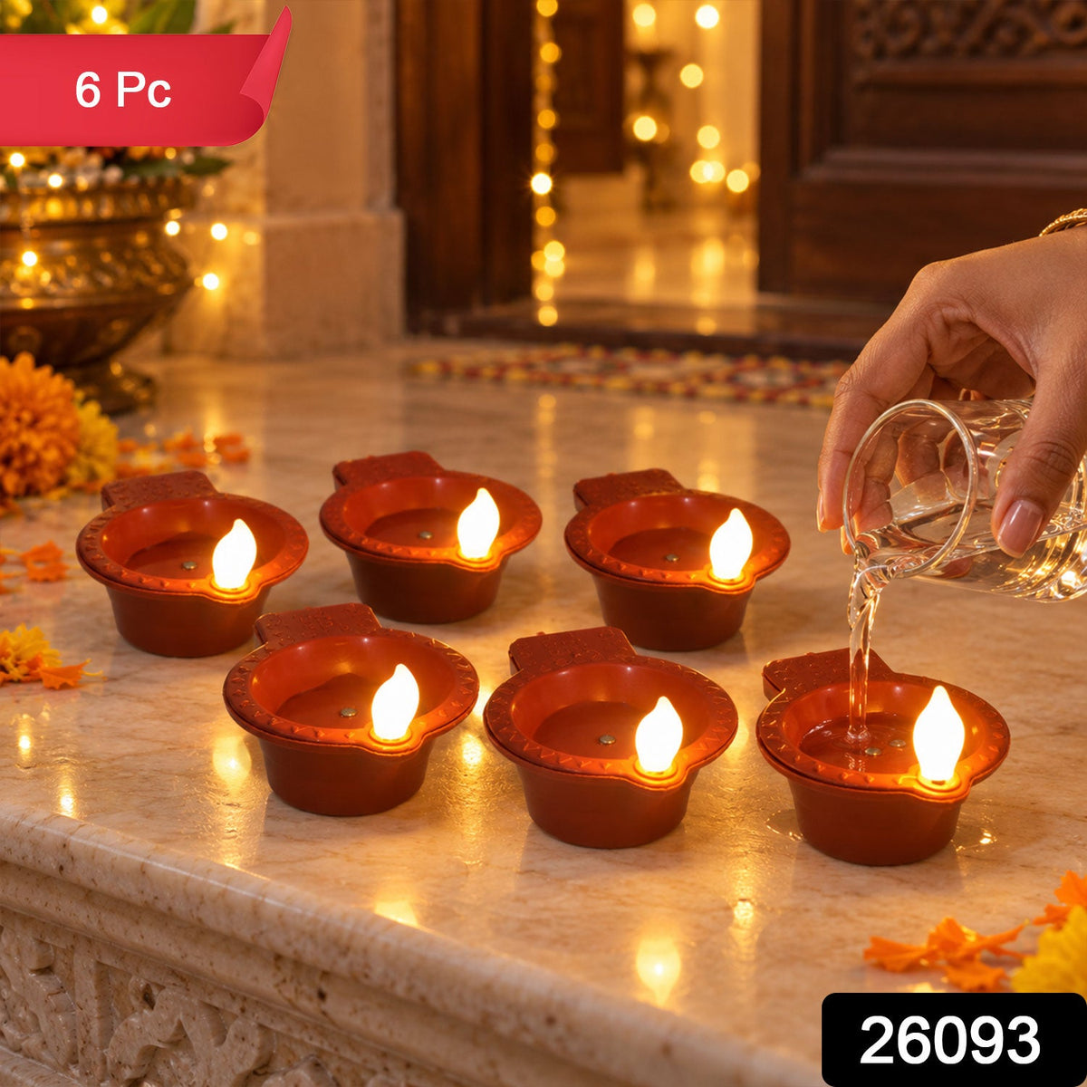 Water Sensor Flameless Led Diyas For Diwali And Pooja Decoration (6 Pc Set)